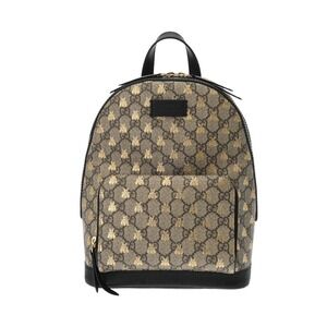 GUCCI GG Supreme Backpack Bee Beige Tan Black Canvas Leather Daypack